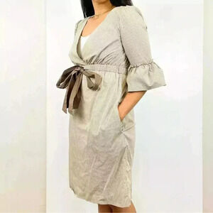 BCBGMAXAZRIA Striped Sheath Stretch Dress Beige Bow Ruffle Sleeve Size Small